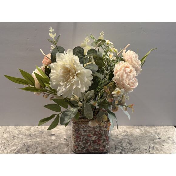 Spring Silk Floral Arrangement Clear Glass Vase Shell Chips Beach Decor - Picture 8 of 9